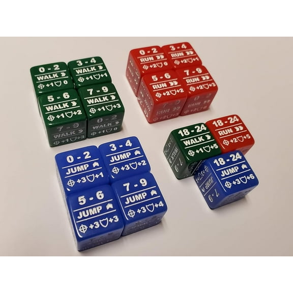 15x Battletech Movement Dice / Color Coded Walk Run Jump Movement Modifier Dice