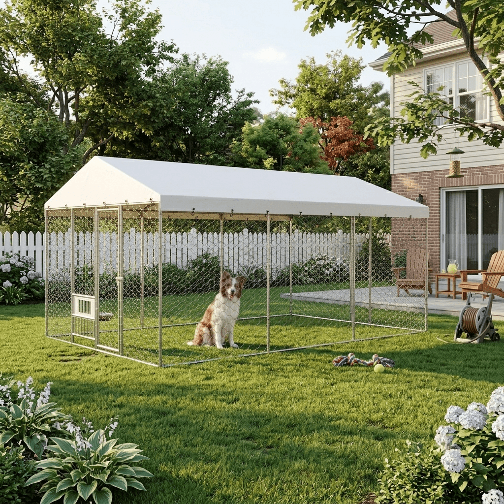 15x10 FT Large Outdoor Dog Kennel with Canopy,Heavy Duty Galvanized Steel,Waterproof Cover,Elevated Feeding Bowls,Escape-Proof Lockable Playpen for Large Dogs & Multiple Pets