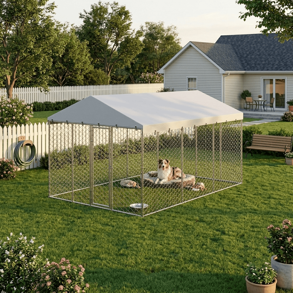 15x10 FT Large Outdoor Dog Kennel with Canopy,Heavy Duty Galvanized Steel,Waterproof Cover,Escape-Proof Lockable Playpen for Large Dogs & Multiple Pets