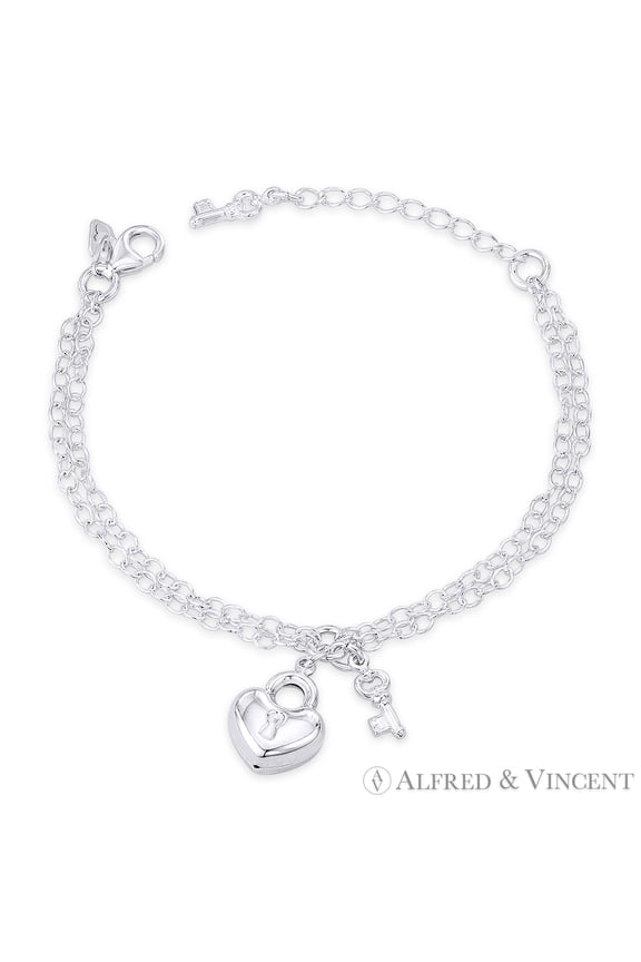 15x13mm Heart Padlock, 10x6mm Key, & 2.7mm Oval Cable Double Chain Italian Charm Bracelet in .925 Sterling Silver