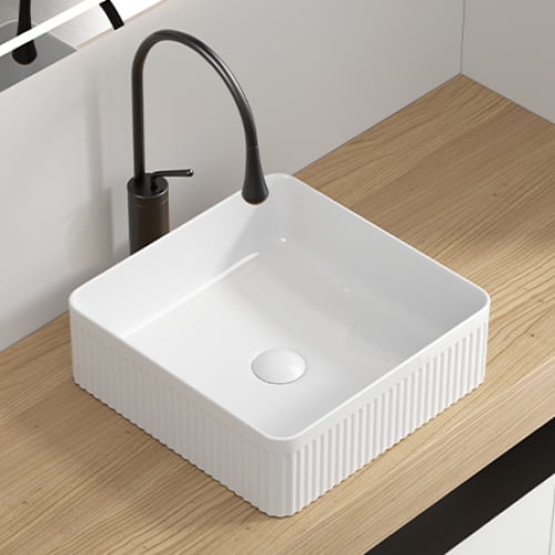 15x15 Inch Rectangular Bathroom Vessel Sink, White Porcelain Ceramic Above Counter Sink, Striped Design, High-Temp Fired, Easy Clean & Modern Vanity Basin