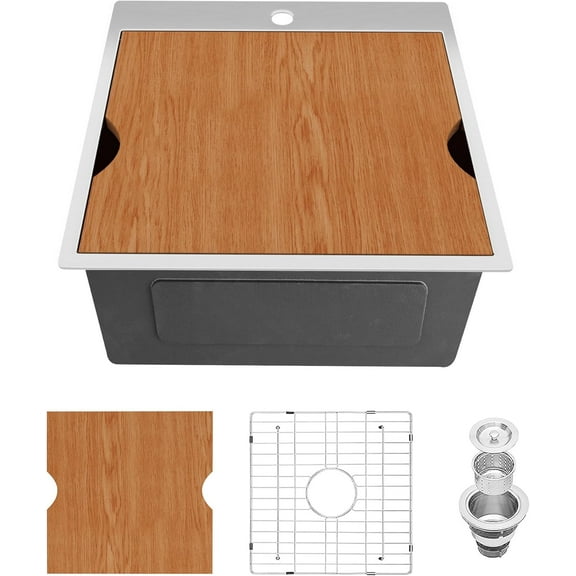 15x15 Inch Stainless Steel Drop in Kitchen Bar Sink, Handcrafted 18 Gauge Topmount Workstation Small Wet Bar Sink R10 Corners RV Sink Single Bowl with Strainer, Bottom Grid & Cutting Board