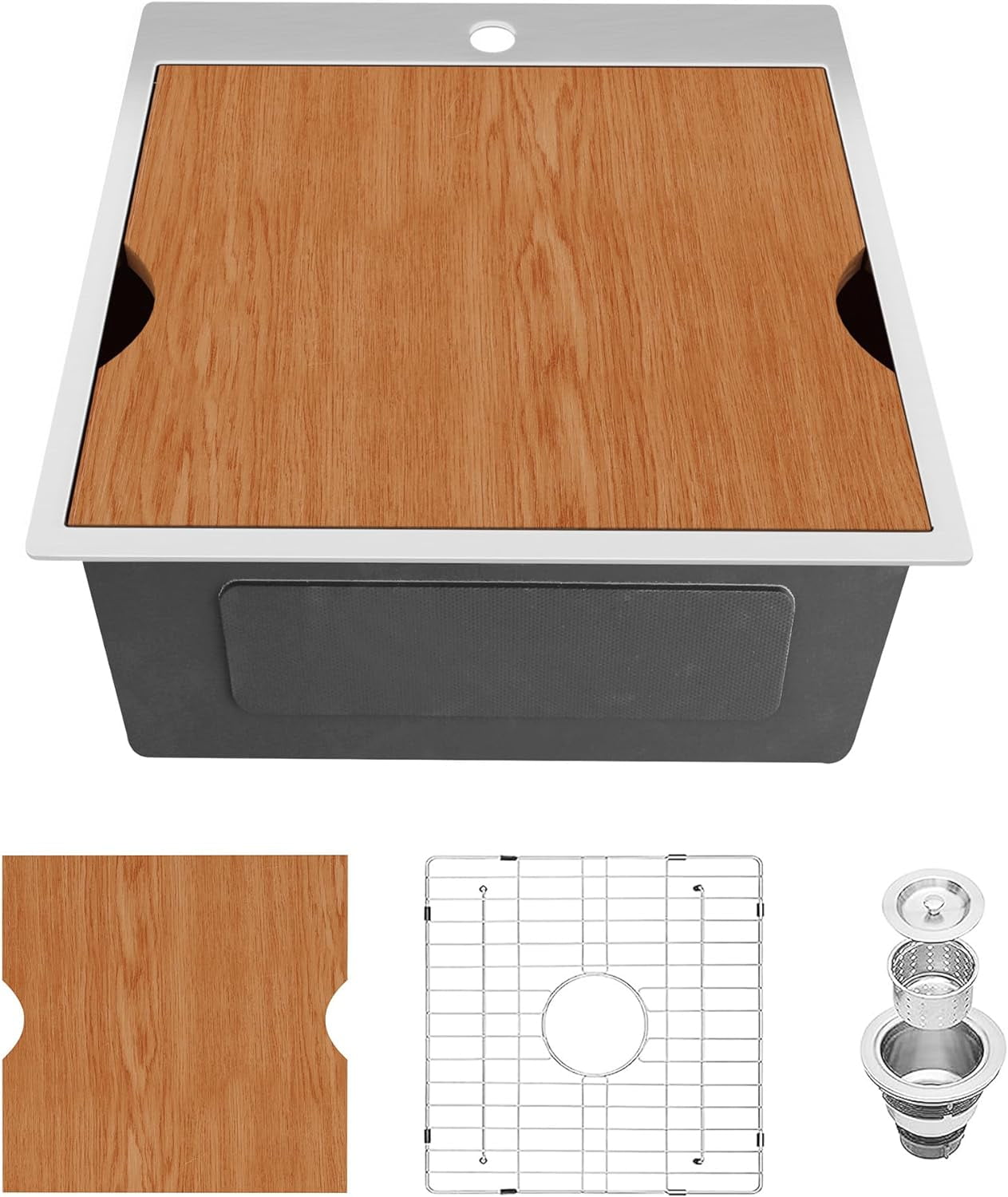 15x15 Inch Stainless Steel Drop in Kitchen Bar Sink, Handcrafted 18 Gauge Topmount Workstation Small Wet Bar Sink R10 Corners RV Sink Single Bowl with Strainer, Bottom Grid \u0026 Cutting Board