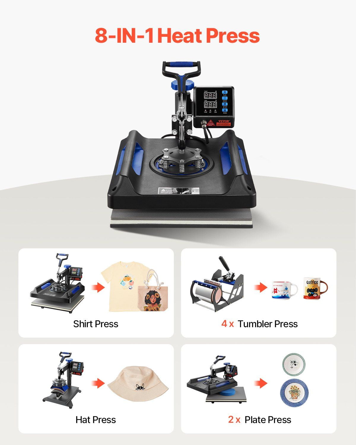 15x15 Inch Sublimation Heat Press 8-in-1 Set - DIY T-Shirt & Mug Printing Machine (Blue)