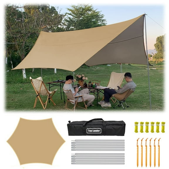 15x15ft Large Camping Tarp with pole Tent Rain Fly Tarpaulin Shelter for Bushcraft Backpacking Outdoor Survival