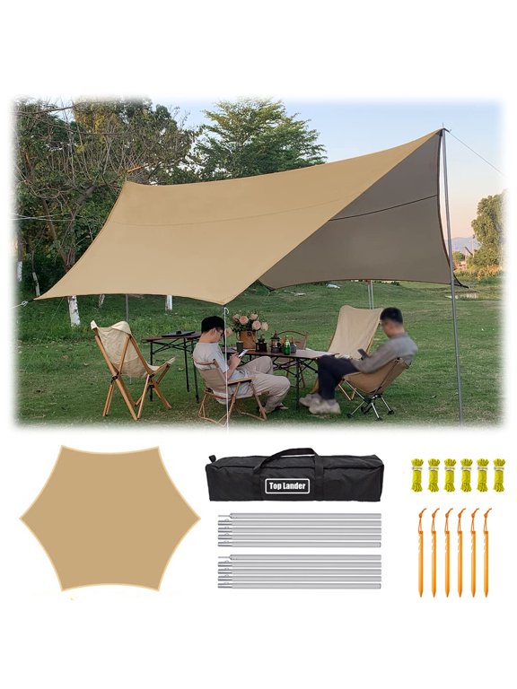 15x15ft Large Camping Tarp with pole Tent Rain Fly Tarpaulin Shelter for Bushcraft Backpacking Outdoor Survival
