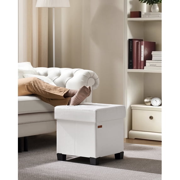 SONGMICS 15x15x15.7-Inch Cube Storage Ottoman with Legs. 10 Gal (37 L) Capacity. Synthetic Leather Footstool/Footrest.Cloud White
