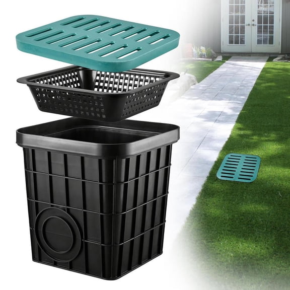 15x15x15 in Large Catch Basin for Drainage with Debris Basket,Catch Basin with Fiber Glass Grate,French Drain Catch Basin Without pre drilled Holes are Suitable for courtyards, downspouts, lawns