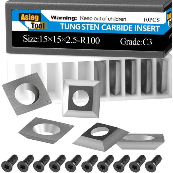 15x15x2.5mm-R100 Tungsten Carbide Cutter Inserts Knives Blade with 4" Face Radius fit for Woodworking Helical Planer Head DIY Wood Lathe Turning Rougher Tools 10pcs