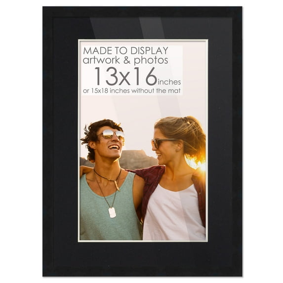 15x18 Black Picture Frame with 12.5x15.5 Black Mat Opening for 13x16 Image, 0.75 Inch Border, UV