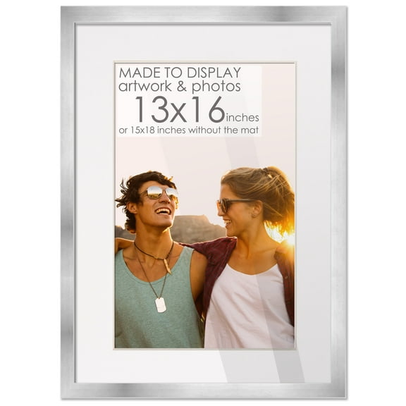 15x18 Silver Picture Frame with 12.5x15.5 White Mat Opening for 13x16 Image, 0.75 Inch Border, UV