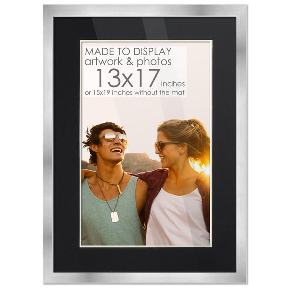 15x19 Silver Picture Frame with 12.5x16.5 Black Mat Opening for 13x17 Image, 0.75 Inch Border, UV