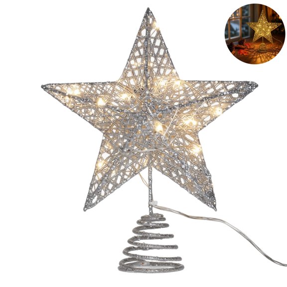 15x20CM Lighted Glitter Star Christmas Tree Topper, Woven Hollow 3D Star Tree Top Ornament with Warm LED Lights, Multi Color Glitter Xmas Tree Decoration for Holiday Home Decor