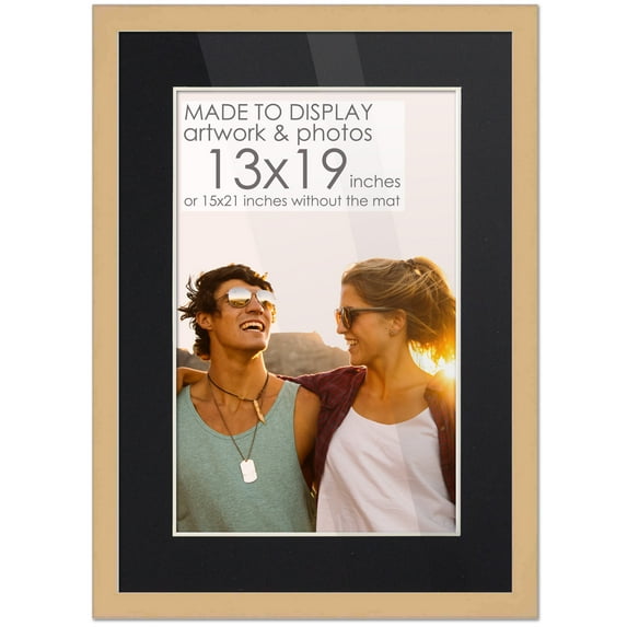 15x21 Natural Picture Frame with 12.5x18.5 Black Mat Opening for 13x19 Image, 0.75 Inch Border, UV
