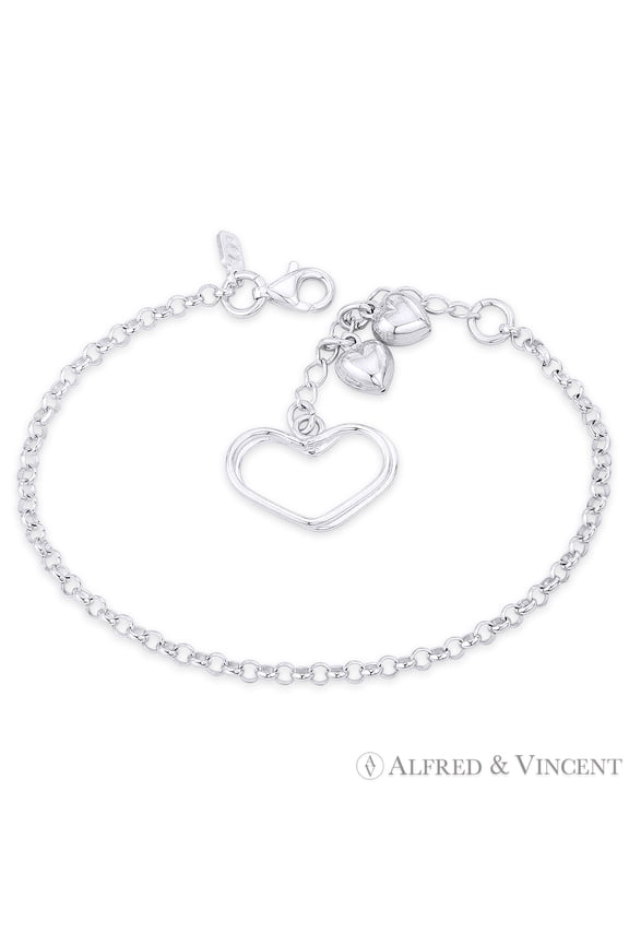 15x23mm Double Open-Heart, 8x8mm Puffed Heart, & 3mm Rolo Chain Italian Charm Bracelet in .925 Sterling Silver