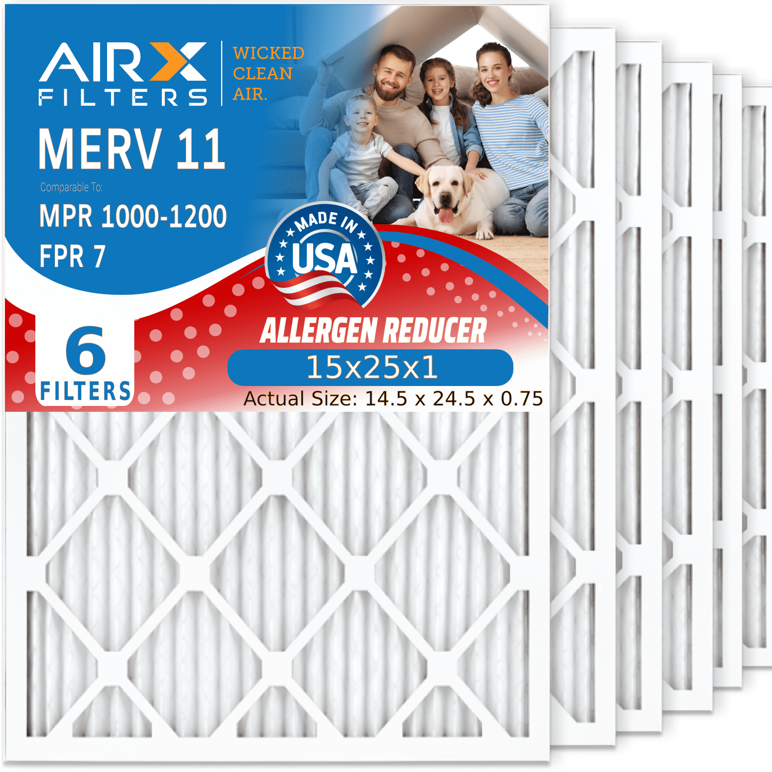 15x25x1 Air Filter MERV 11 Comparable to MPR 1000, MPR 1200 & FPR 7 Electrostatic Pleated Air Conditioner Filter 6 Pack HVAC Premium USA Made 15x25x1 Furnace Filters by AIRX FILTERS WICKED CLEAN AIR.