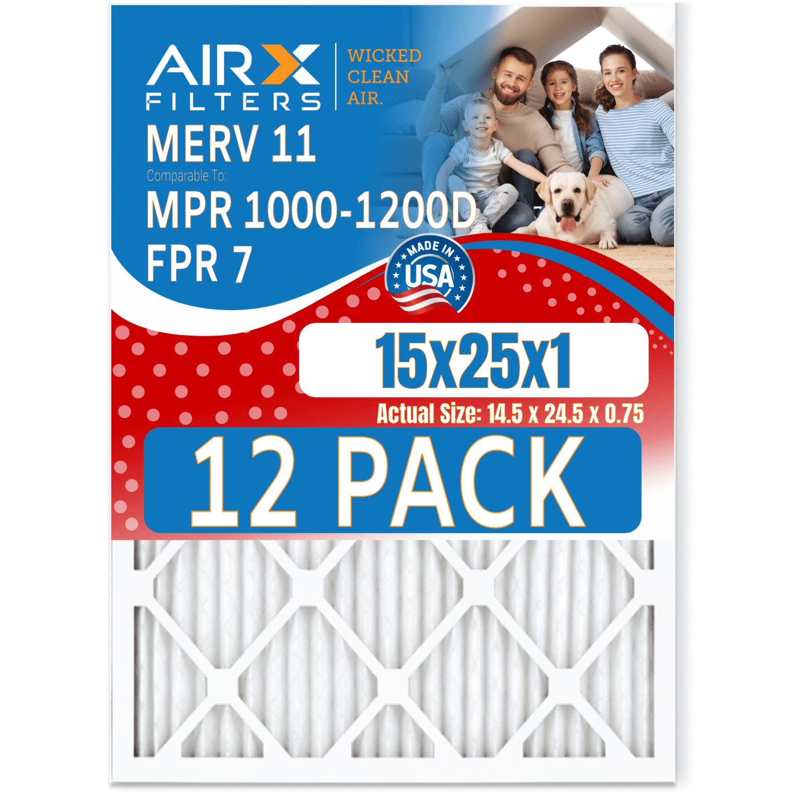 15x25x1 Air Filter MERV 11 Rating, 12 Pack of Furnace Filters