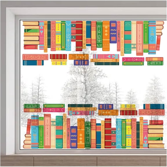 15x46 Inch Boho Book Window Stickers Reusable Large Books Glass Decals Anti-Collision Non-Adhesive Static Window Clings for Classroom Library Nursery Decor Stop Birds Strikes diy