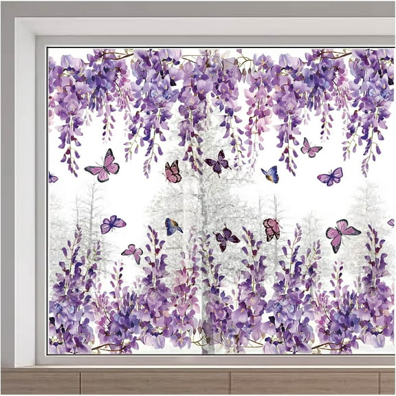 15x46 Wisteria Window Decal Large Size Spring Summer Hanging Vine Purple Flowers Butterfly Static Window Clings Reusable Non-Adhesive Window Sticker for Home Room Sliding Glass Door diy Flower