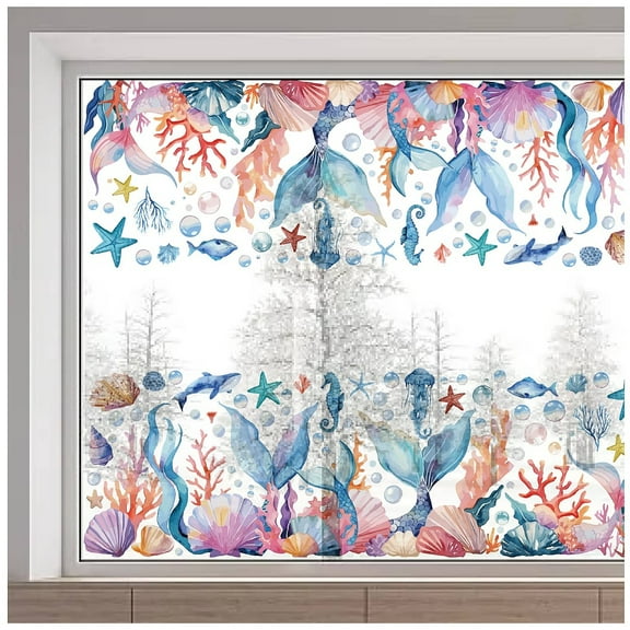 15x46 inch Mermaid Window Sticker Large Ocean Creature Starfish Seashell Coral Static Non Adhesive Reusable Double Sided Glass Window Decals Cling for Stop Birds Strikes Home Decor