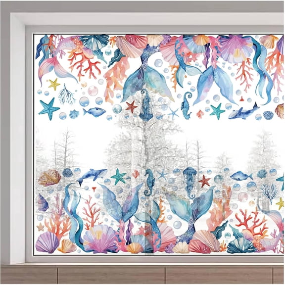 15x46 inch Window Sticker Large Ocean Creature Starfish Seashell Coral Static Non Adhesive Reusable Double Sided Glass Window Decals Cling for Stop Birds Strikes Home Decor