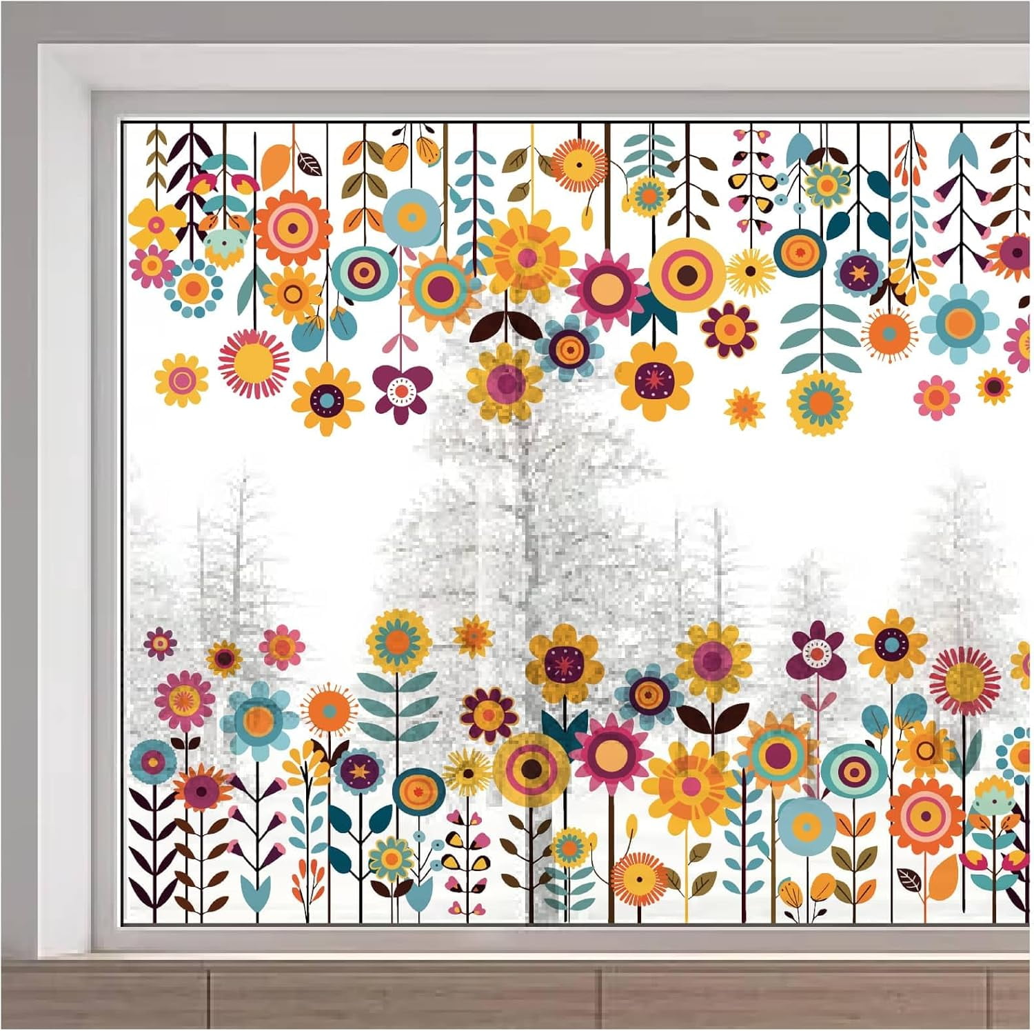Window Alert Stickers 15x46inch Flowers Window Stickers Boho Sunflower Static Non Adhesive ...