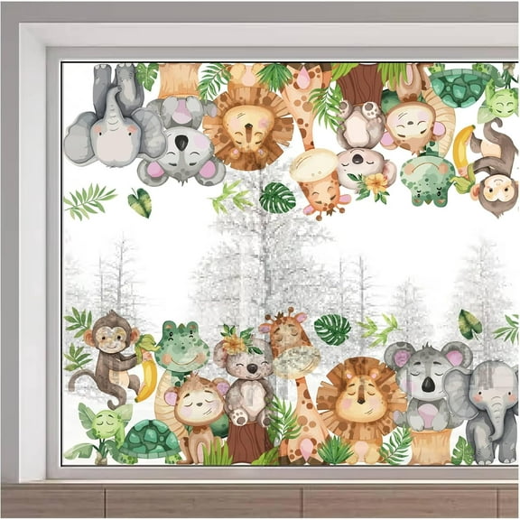 15x46inch Large Animal Window Sticker Zoo Monkey Elephant Giraffe Lion Turtle Static Non Adhesive Reusable Double Sided Glass Window Decals Decor