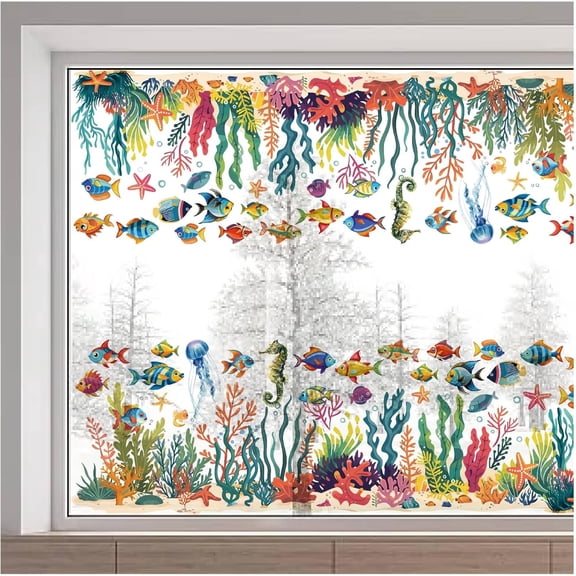 15x46inch Ocean Window Sticker Sealife Fish Jellyfish Seahorse Sea Animal Coral Window Decals Large Removable Static Glass Sliding Door Alert Cling
