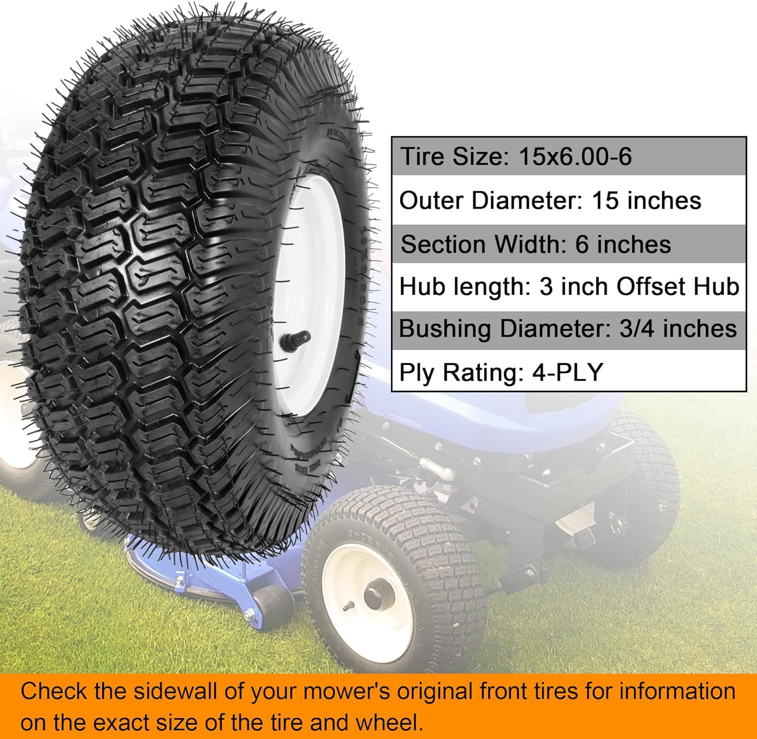 15x6.00-6nhs Lawn Mower Tubeless Tire, 3" Offset Hub, 15x6.00-6 Tires ...