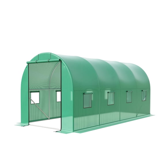 15x6.5x6.5 Ft Walk-in Tunnel Greenhouse - Heavy Duty Galvanized Steel Hoop House with Green PE Cover, Roll-Up Zipper Door & 8 Vent Windows