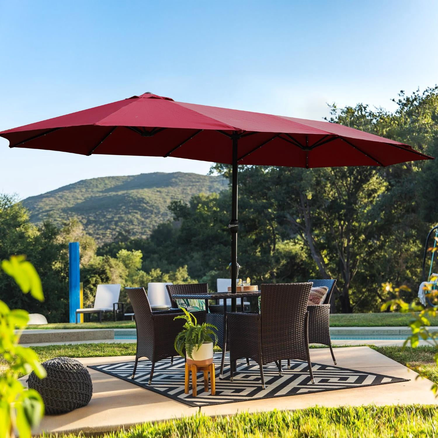 15x9ft Double-Sided Patio Umbrella with 48 Lights & Base, Large Outdoor Rectangular Market Umbrella with Crank Lift, UV Protection for Garden, Pool, Deck, Red