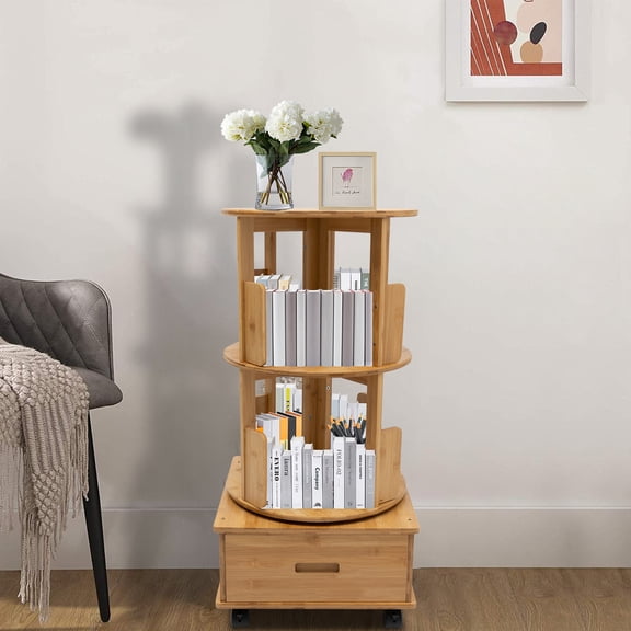 16.1*16.1*31.9 Floor Standing Round Log Color Removable Swivel Bookcase Side Table with Rolling Wheels
