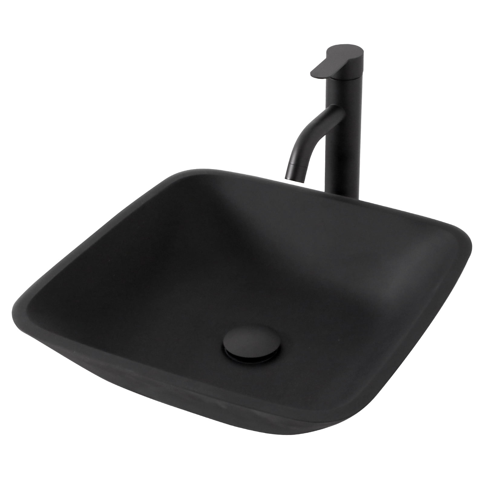 16.42 Inch Matte Black Glass Square Vessel Sink with Faucet