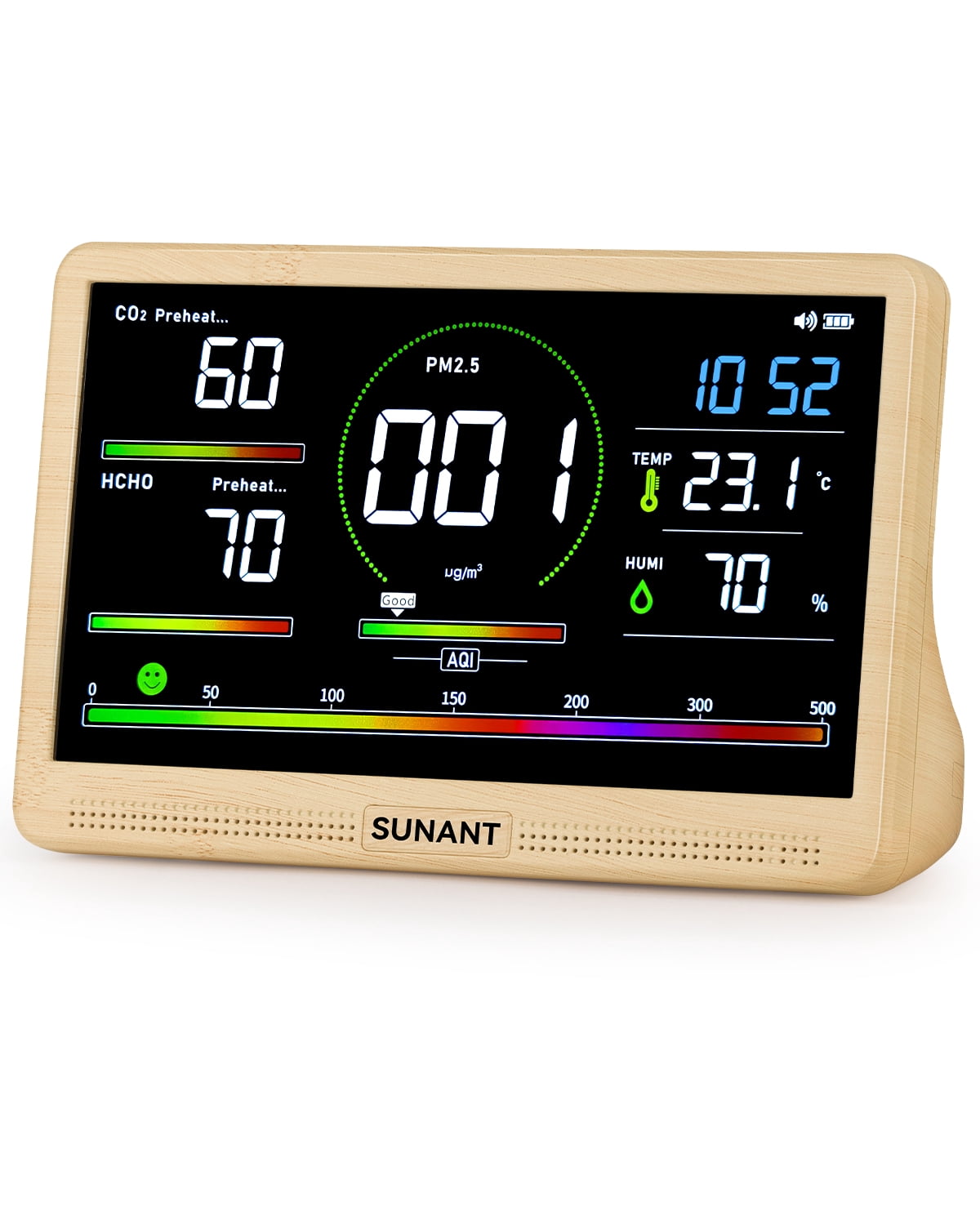 16 in 1 Air Quality Monitor Indoor Detects, CO2 Tester for CO2, TVOC, PM2.5, PM1.0, PM10, HCHO, Temperature Humidity AQI & Time, 2500mAh Battery Powered, LED Display, Auto Alert for Car, Office, Home