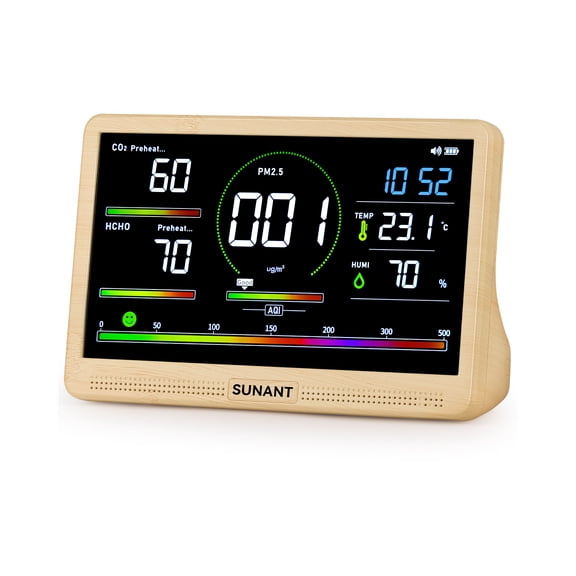 16 in 1 Air Quality Monitor Indoor Detects, CO2 Tester for CO2, TVOC, PM2.5, PM1.0, PM10, HCHO, Temperature Humidity AQI & Time, 2500mAh Battery Powered, LED Display, Auto Alert for Car, Office, Home