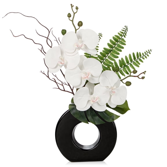 16.1'' Artificial Orchid Flowers White Orchid with Black Ceramic Vase Phalaenopsis Flower for Home Office Wedding Party Table Centerpiece Indoor Decoration