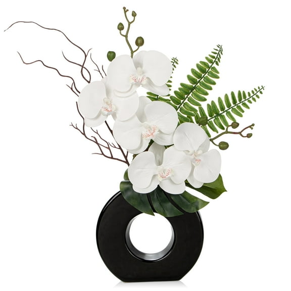 16.1'' Artificial Orchid Flowers White Orchid with Black Ceramic Vase Phalaenopsis Flower for Home Office Wedding Party Table Centerpiece Indoor Decoration