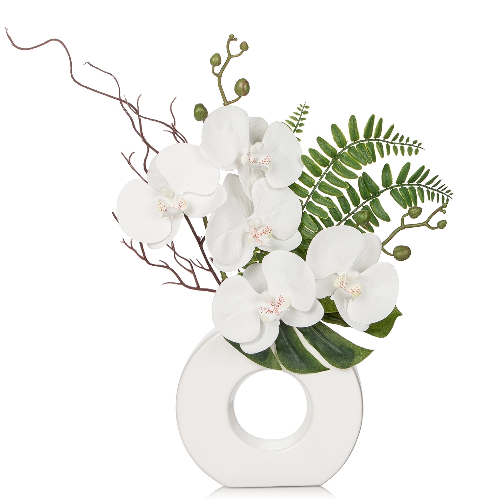 16.1'' Artificial Orchid Flowers White Orchid with White Ceramic Vase Phalaenopsis Flower for Home Office Wedding Party Table Centerpiece Indoor Decoration