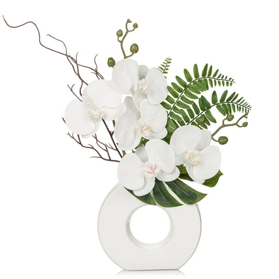 16.1'' Artificial Orchid Flowers White Orchid with White Ceramic Vase Phalaenopsis Flower for Home Office Wedding Party Table Centerpiece Indoor Decoration