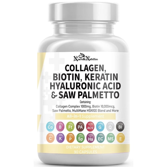 16 in 1 Collagen Supplement - Peptides Types I,II,III & V with Biotin, Keratin, Hyaluronic Acid, Saw Palmetto, Vitamins C & E, Apple Cider Vinegar & PABA - Nail Skin & Hair Health Support Capsules