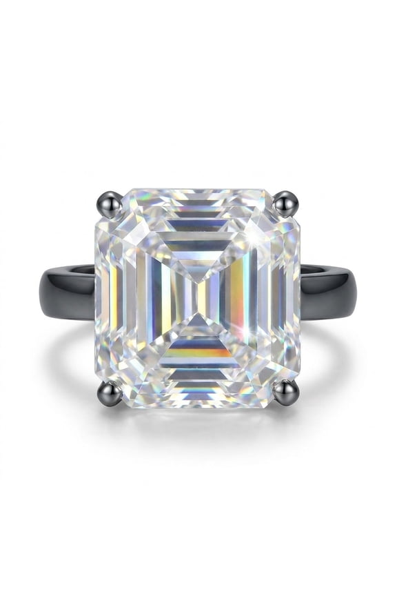16.1 Ct White Moissanite Asscher Solitaire Ring - 925 Sterling Silver Gold Vermeil Size 7 US
