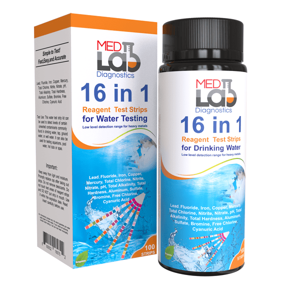 16 in 1 Drinking Water Test Kit Strips, 100 cnt. Home Water Quality Test for Tap Water, Pool, Spa. Strips for Water Hardness, Total Chlorine, Mercury,  Fluoride, Iron, pH and More