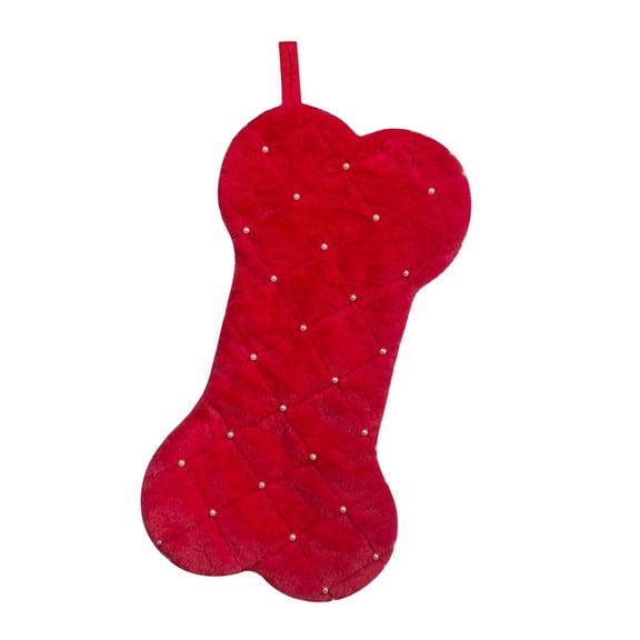 16.1 Inch Dog Christmas Stocking, Quilted Velvet Bone Shaped Pet Stocking with Pearl Accents for Treats Toys and Holiday Decor, Red