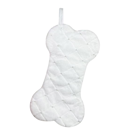 16.1 Inch Dog Christmas Stocking, Quilted Velvet Bone Shaped Pet Stocking with Pearl Accents for Treats Toys and Holiday Decor, White