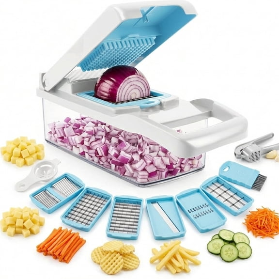 16 in 1 Vegetable Chopper, Mandoline Slicer and Food Processor - Kitchen Essentials for Effortless Food Prep - Includes Salad Spinner, Cheese Grater, Onion Chopper, French Fry Cutter (Sky Blue)