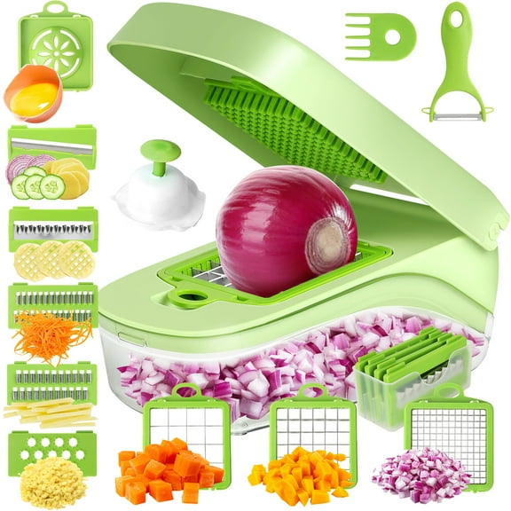 16 in 1 Vegetable Chopper,Zacenei Multifunctional Veggie Chopper for Salad Garlic Carrot Egg Separator Food Chopper with Container 8 Blades Grater Slicer Dicer Onion Mincer Chopper Vegetable Cutter