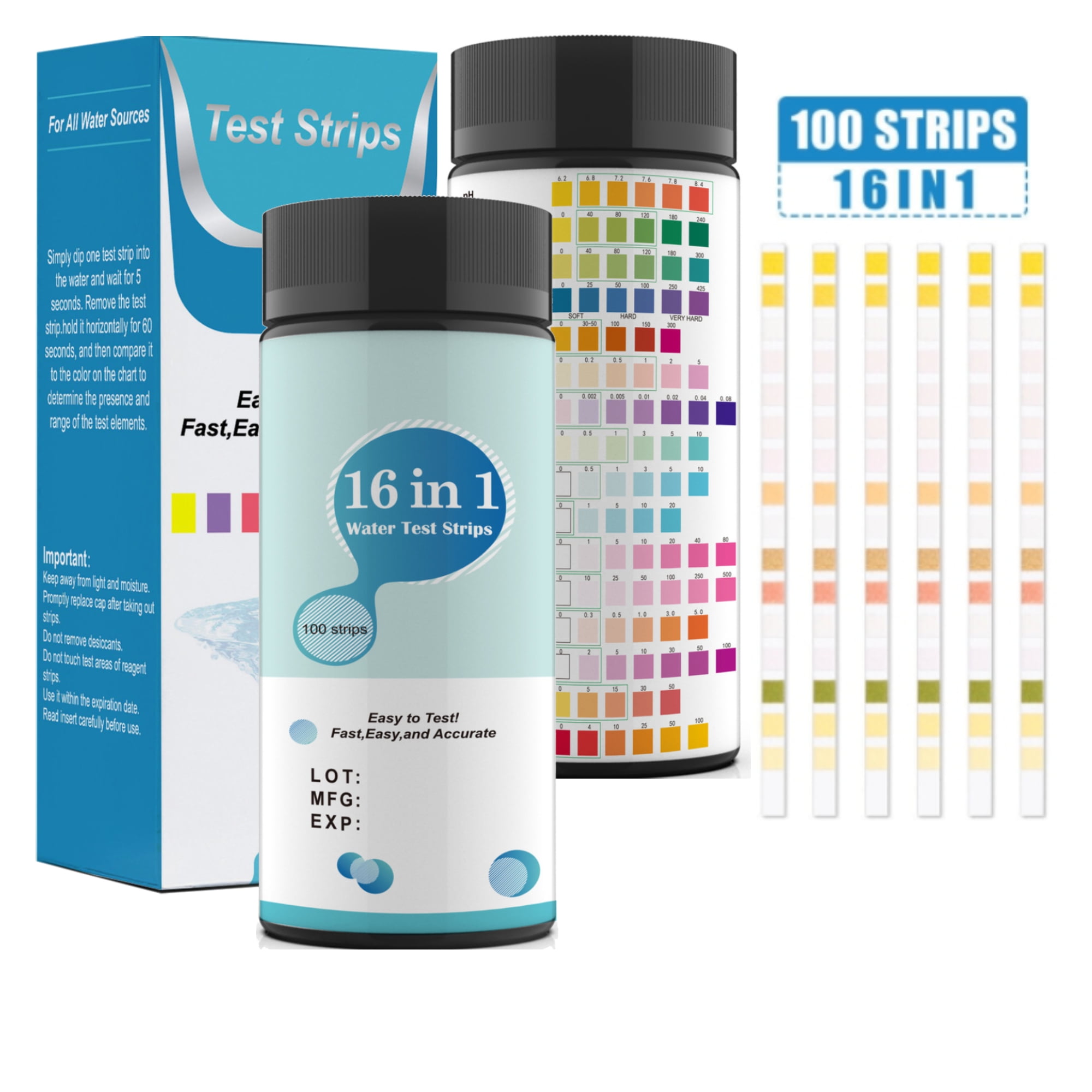 16 in 1 Water Testing Kits For Drinking Water 100 Strips-Test Strips Detect PH, lead, Iron & Many|Home Water Purity PH Test Strips For Aquarium, Pool, Well & Tap Water