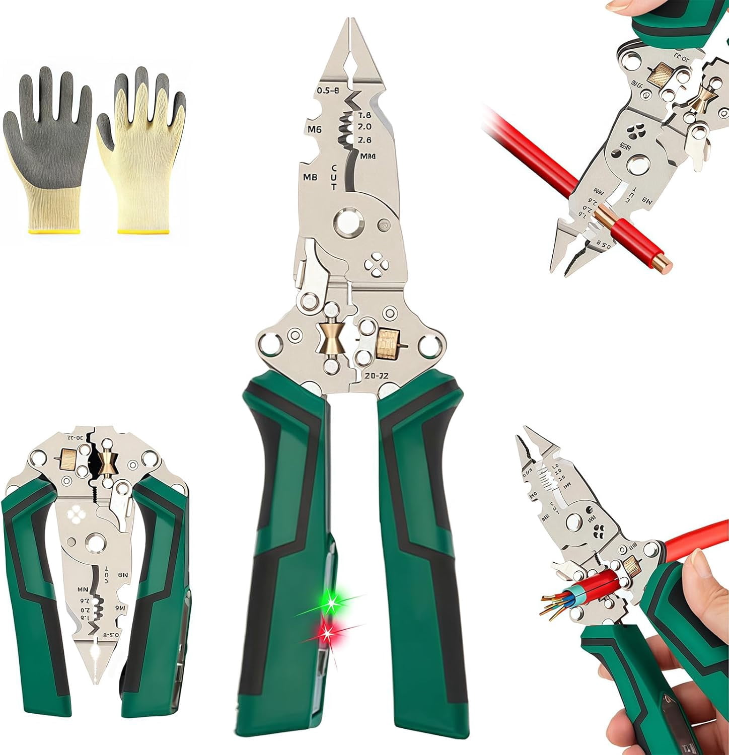 16 in 1 Wire Stripper Twister for Cutting and Pulling Wires, Cable Scissors, Voltage Tester Pliers, 12v to 250v, Foldable for Electrical Repair & DIY Household Use (Green*1)