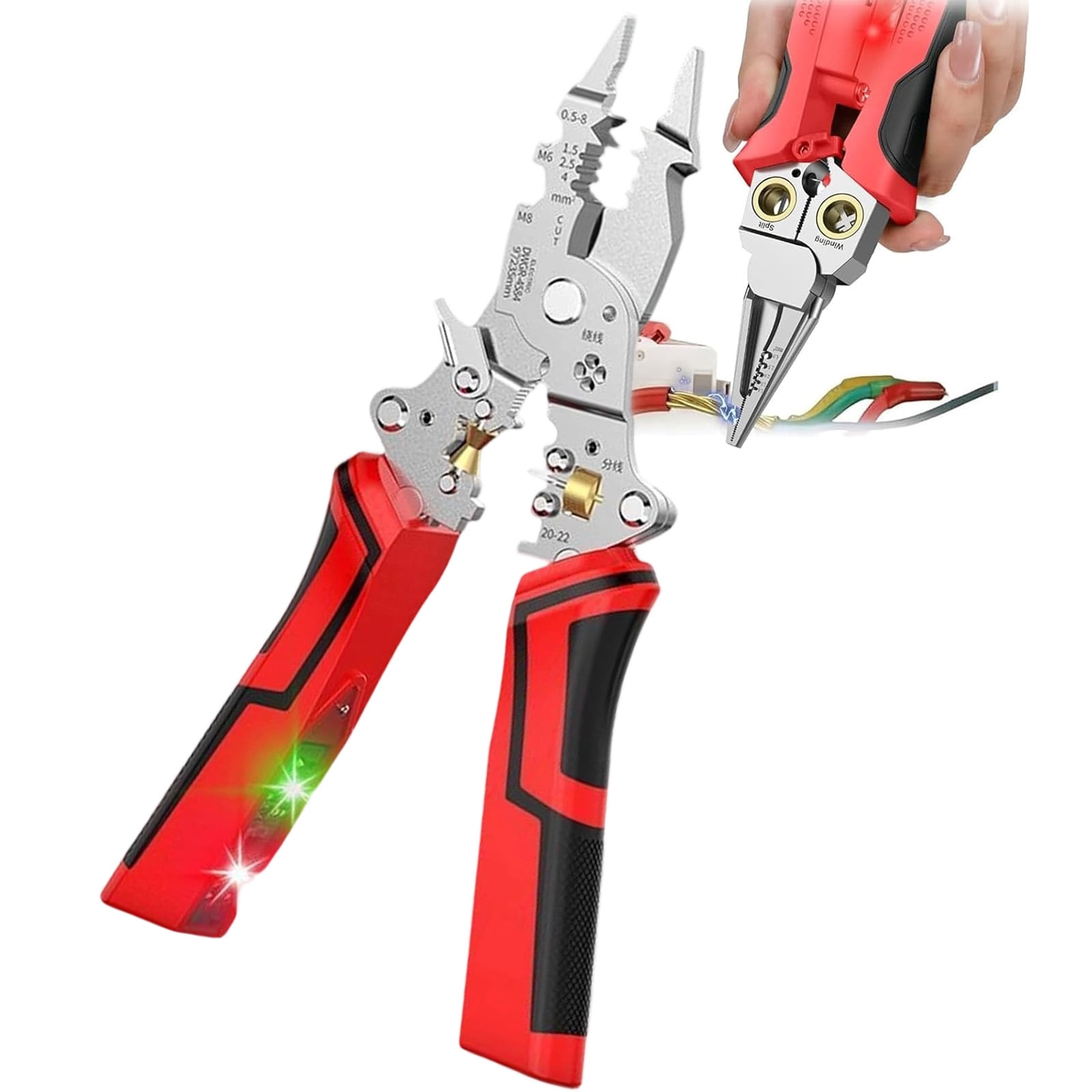 16 in 1 Wire Stripper Twister for Cutting and Pulling Wires, Foldable Stainless Steel Wire Stripper, Multifunctional Electrical Pliers Flashing LED Alarms for Electricians DIY
