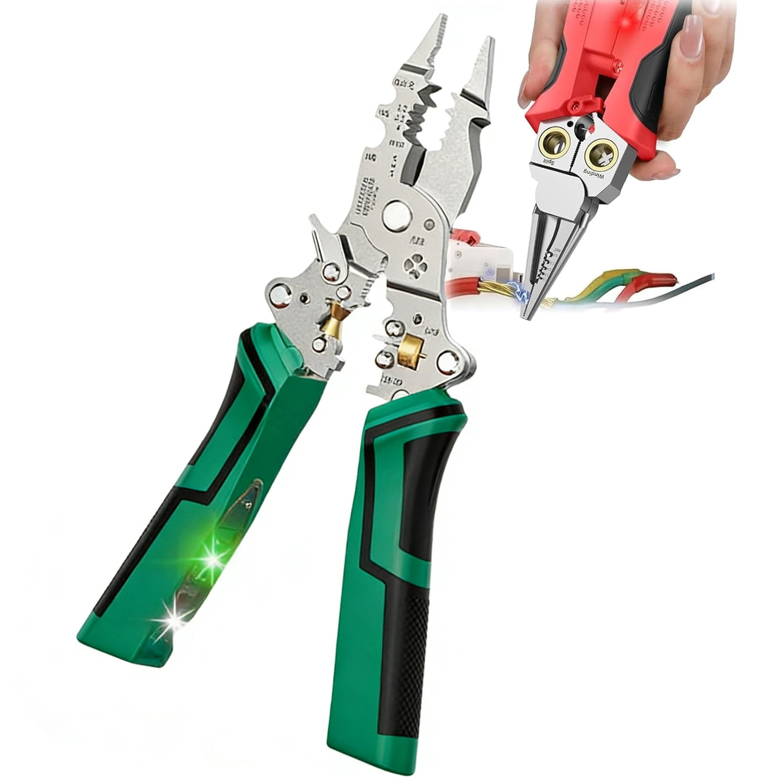 16 in 1 Wire Stripper Twister for Cutting and Pulling Wires, Foldable Stainless Steel Wire Stripper, Multifunctional Electrical Pliers Flashing LED Alarms for Electricians DIY